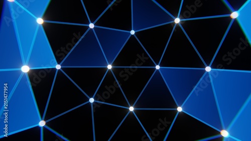 Abstract blue plexus network connection with glowing nodes and geometric lines on black background representing digital technology