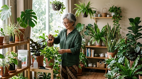 Happy Asian senior woman watering a lush collection of indoor plants by a bright window. She enjoys a peaceful gardening hobby at home.