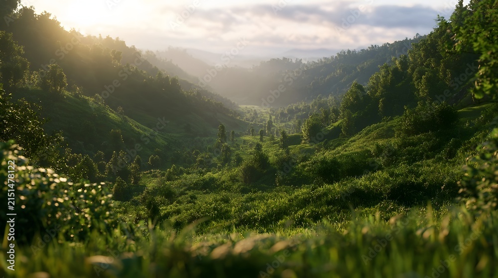 Fototapeta premium Lush Green Valley at Sunrise with Cinematic Lighting