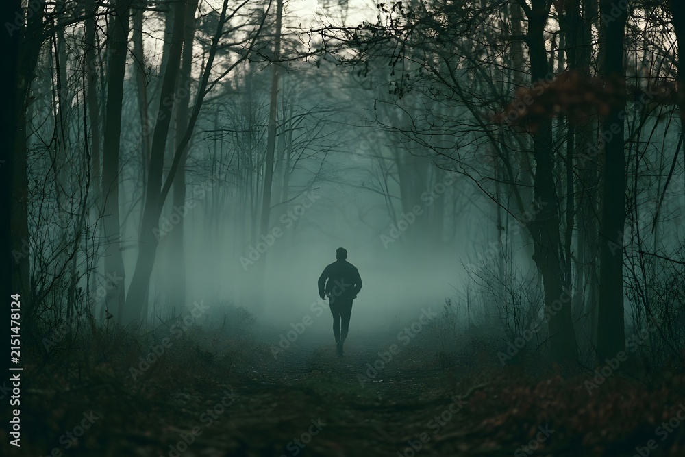 Fototapeta premium Silhouette of a runner in a misty forest at dawn