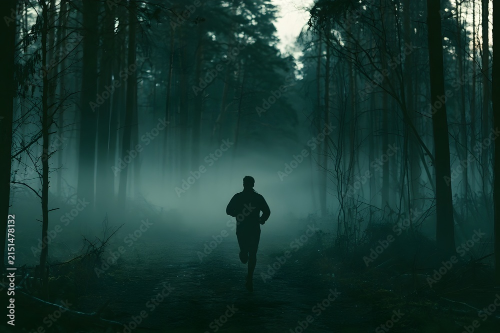Fototapeta premium Silhouette of a runner in a misty forest at dawn