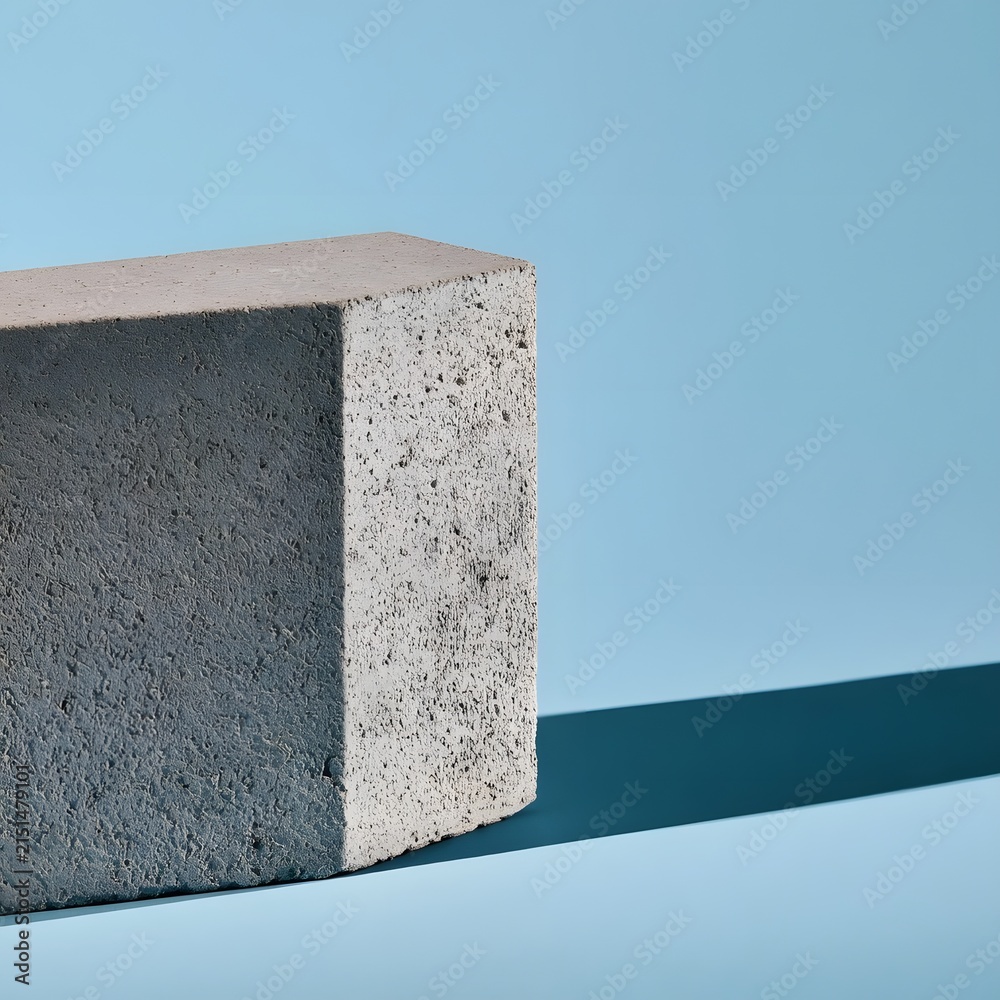 Fototapeta premium Off-center concrete block on pastel blue background