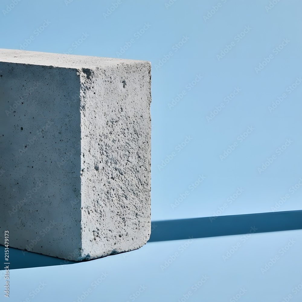 Fototapeta premium Off-center concrete block on pastel blue background