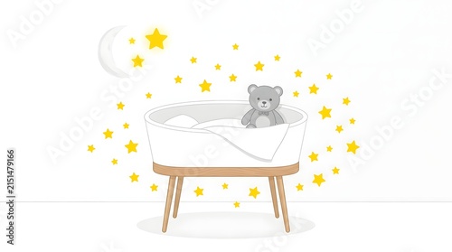 Cute modern baby bassinet with teddy bear under stars and moon vector illustration.
