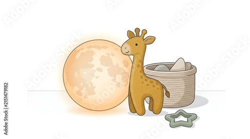 Cute nursery decor illustration featuring a toy giraffe glowing full moon lamp and basket on white background.