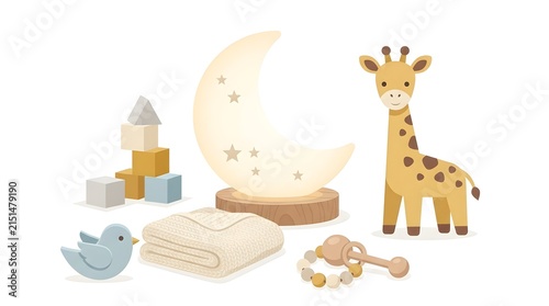 Cute baby nursery decor set with wooden giraffe toy moon lamp blocks blanket and rattle isolated on white background.