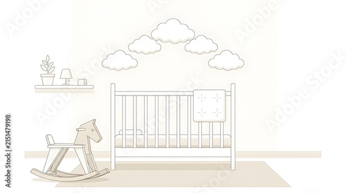 Vintage Wooden Rocking Horse Beside White Baby Crib Illustration.
