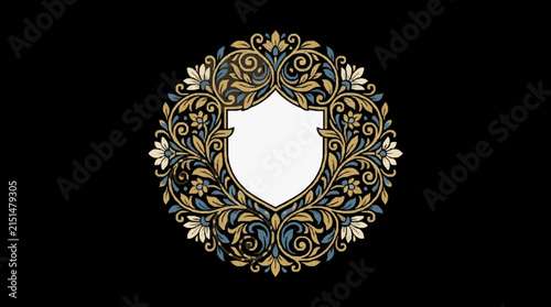 Vintage ornate circular floral crest with a central blank white shield. Decorative heraldic emblem featuring golden and blue leaf scrolls and flower patterns on black background.