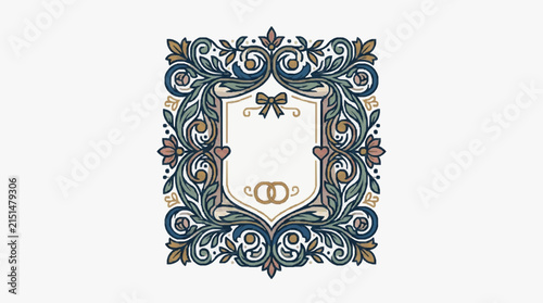 Vintage wedding crest vector illustration featuring ornate floral scrolls, interlocking gold rings, and heart details within a decorative frame border for marriage invitations.