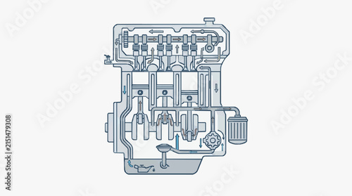 Technical cross-section diagram of an internal combustion engine showing lubrication system, oil flow pathways, crankshaft, pistons, camshaft, and oil filter on white background.