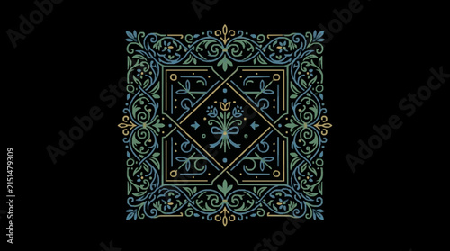 Ornate square floral ornament with blue, green, and gold line art on a black background featuring a central flower bouquet tied with a ribbon and symmetrical filigree borders.