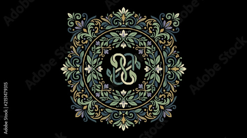 Symmetrical circular floral ornament with botanical leaf patterns, intricate scrollwork, and central interlaced knot motif on a solid black background for high-end graphic design.
