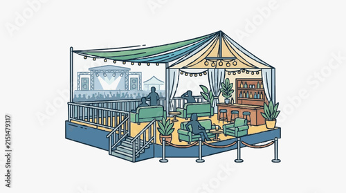 Elevated VIP lounge area at a music festival with tented canopy, bar, seating, and string lights overlooking a distant concert stage and crowd in a hand-drawn vector illustration style.