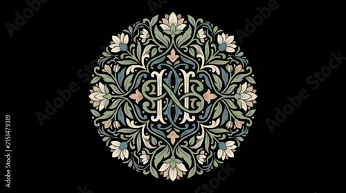 Ornate vintage circular floral monogram featuring the letter H in the center with intricate botanical illustration, lotus flowers, and curling leaves in muted tones on a black background.
