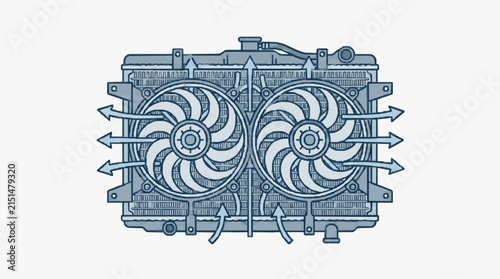 Automotive radiator cooling system illustration showing dual electric fans and blue arrows indicating air flow path through the engine heat exchanger core component.