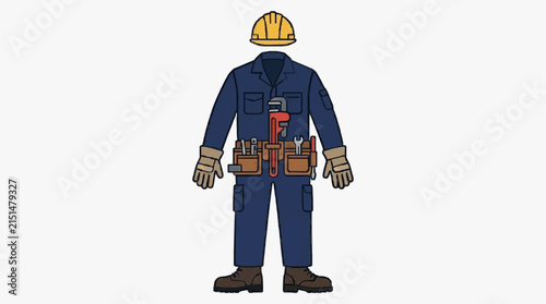Vector illustration of professional industrial safety gear including navy blue coveralls, yellow hard hat, work gloves, brown boots, and a leather tool belt with a red pipe wrench.