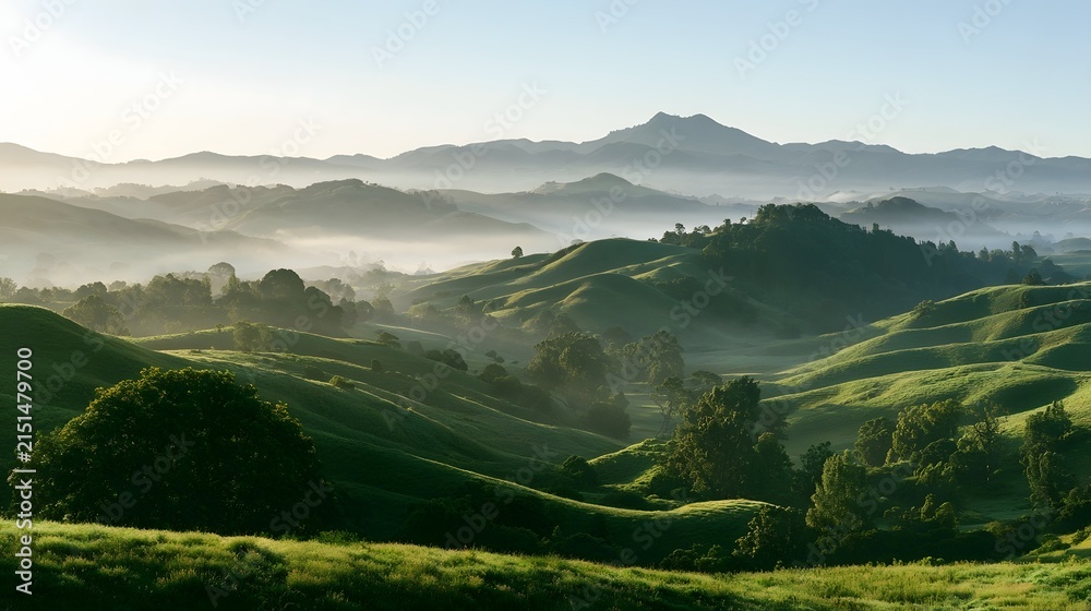 Fototapeta premium Rolling hills at dawn with morning mist