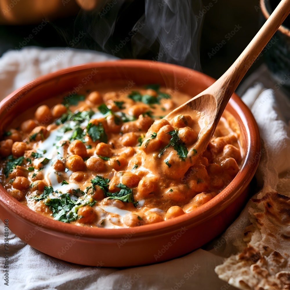 Fototapeta premium Creamy chickpea curry in terracotta bowl with steam