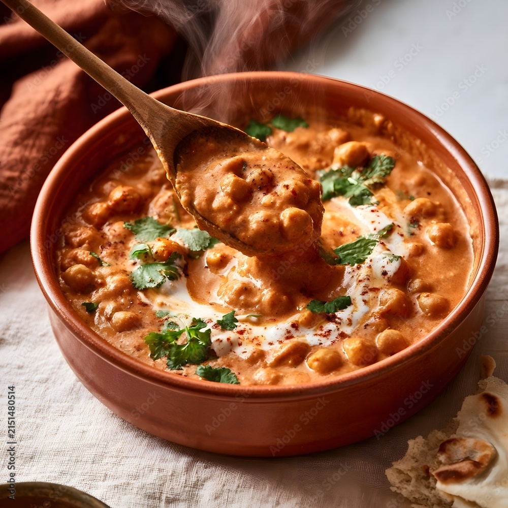 Fototapeta premium Creamy chickpea curry in terracotta bowl with steam