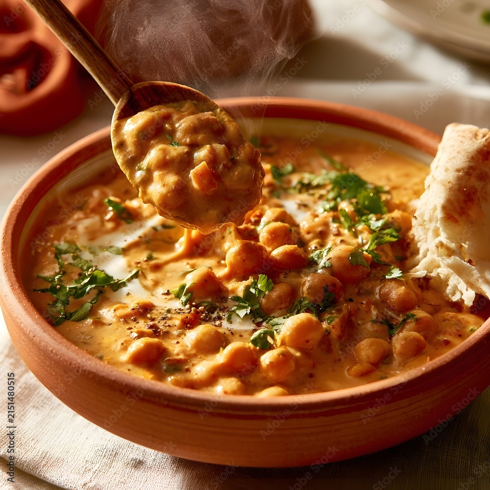 Fototapeta premium Creamy chickpea curry in terracotta bowl with steam