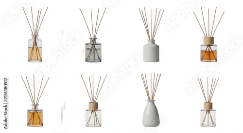 various reed diffusers arranged on a white backdrop different fragrance options for home fragrance and air freshening