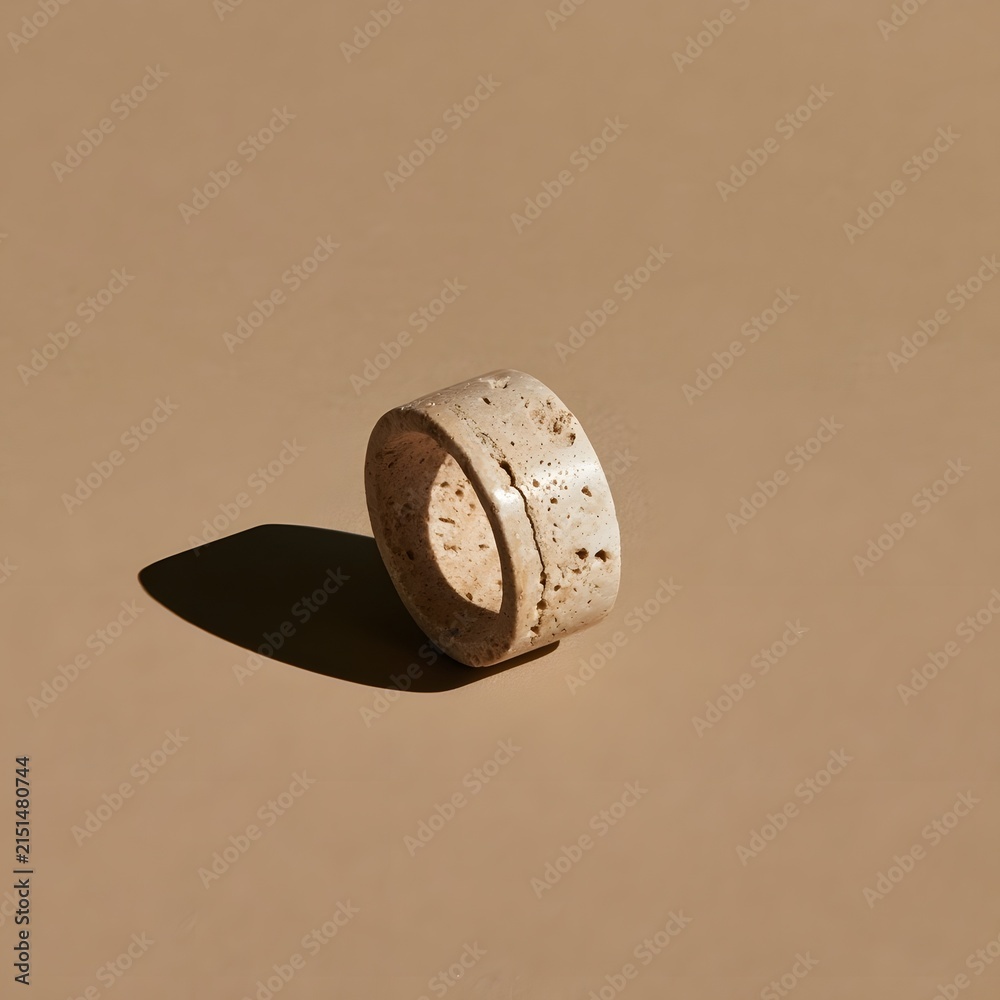 Fototapeta premium Sculpted travertine stone ring on beige backdrop