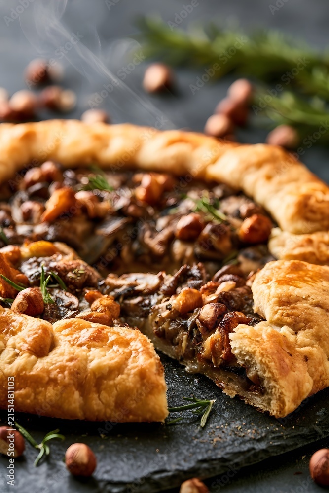 Fototapeta premium Warm mushroom galette being cut with steam rising