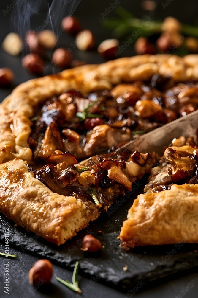 Fototapeta premium Warm mushroom galette being cut with steam rising