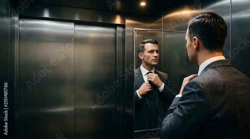 Professional businessman adjusting tie in elevator mirror reflection