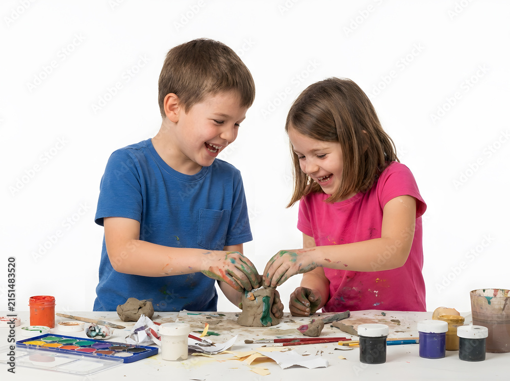 Obraz premium Joyful children happily creating art with clay and paints on a white background
