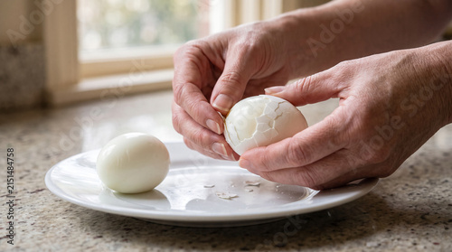 Close-up of hands peeling the shell of a boiled egg on a minimalist kitchen countertop with soft natural daylight