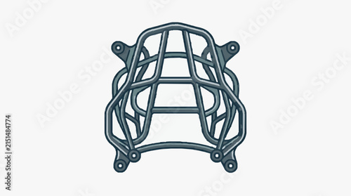 Motorcycle headlight guard protector accessory for off-road adventure bikes, stylized metal cage design with mounting points for vehicle customization, isolated on a light background.