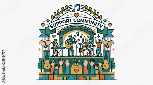 Vector illustration of a live band performing on stage under a Support Community banner with audience hands raised, a donation box, handshakes, and musical icons on a white background.
