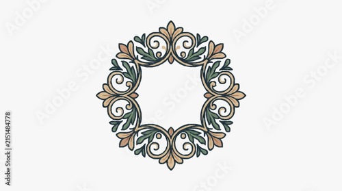 Circular ornate floral frame ornament with symmetrical baroque flourishes, green and beige acanthus leaf scrollwork, vintage heraldic crest element isolated on white background.
