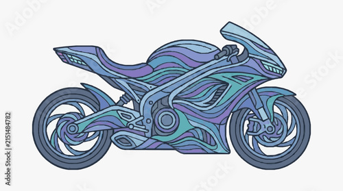 Abstract blue and purple sport motorcycle vector illustration with wavy graphic patterns, side profile view of a high-performance superbike design isolated on white background.