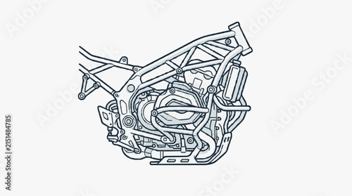 Vector illustration of a motorcycle engine integrated into a steel trellis frame including exhaust system, engine guards, and skid plate isolated on a white background.