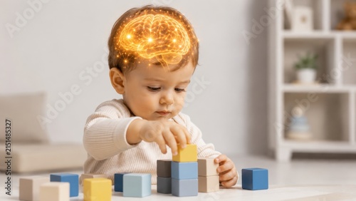 Cute toddler boy playing with wooden blocks with a glowing digital brain hologram overlay. Early childhood cognitive development, smart kid, learning, and child psychology concept