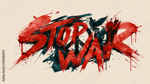 Obraz w ramie 荒々しい筆致で描かれたSTOP WARの文字アート 黒い鳥のシルエットを添えて