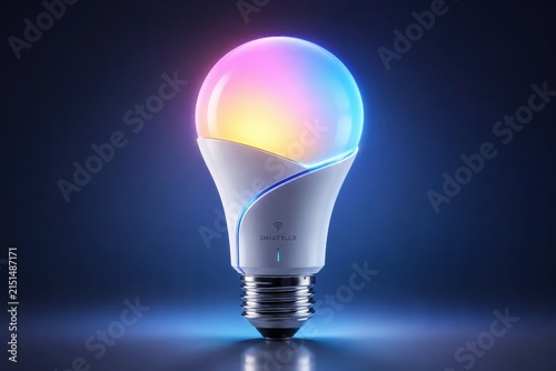 Smart LED light bulb with colorful glowing light and a sleek modern design
