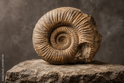 Ancient ammonite fossil, a natural spiral of prehistoric life, resting on a stone pedestal
