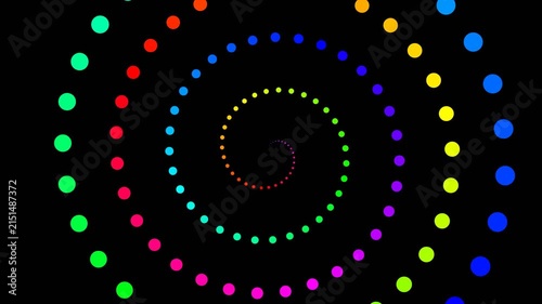 Vibrant rainbow spectrum dot spirals spinning in a repeating grid on a dark background