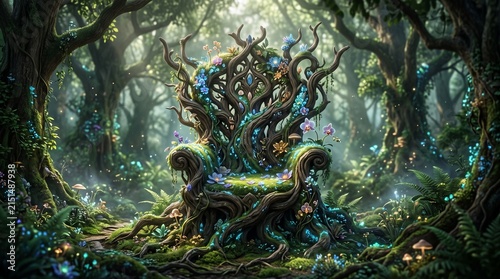 Queen throne of ancient roots and glowing flowers in a magic forest