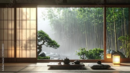 Traditional Zen room overlooking a misty bamboo forest.