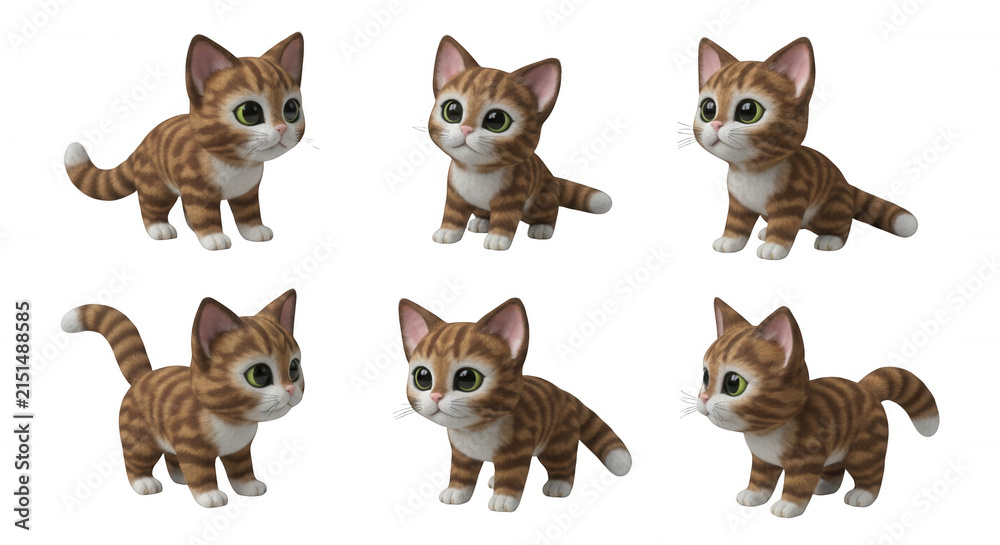 Fototapeta premium animated kitten in various poses on a white background for a pet adoption advertisement