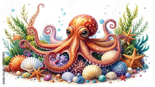 Detailed orange watercolor octopus with shells and plants.