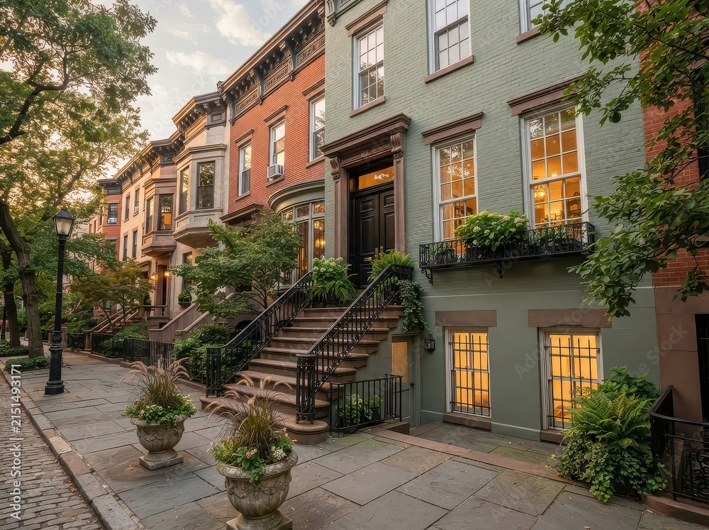 Fototapeta premium Green and brick row houses with planters and lit windows
