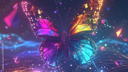 Glowing digital butterfly on geometric grid background.