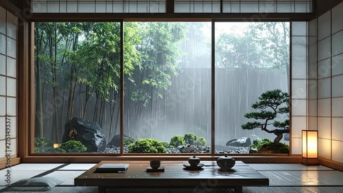 Zen Japanese room with view of rainy bamboo.