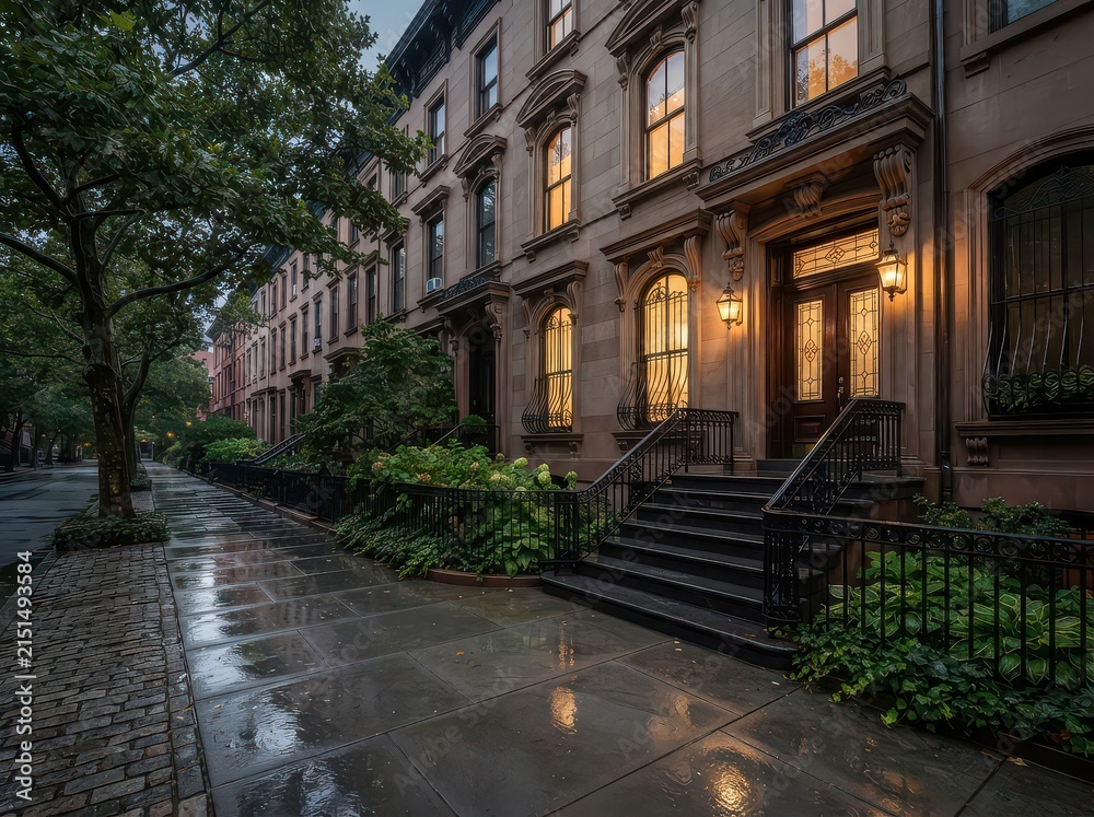 Fototapeta premium Brownstone townhouses with wet sidewalk and black railings