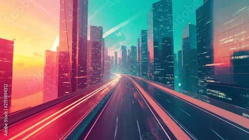 Futuristic city highway with skyscrapers at sunset